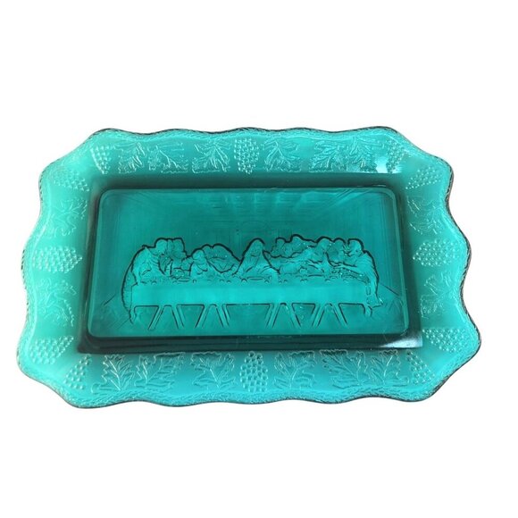 Vintage Indiana Tiara Glass Green Bread Plate With Last Supper Design - Picture 6 of 8